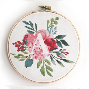 Patrón de punto de cruz con la letra A, monograma floral, peonías, rosas, ramo, habitación de bebé, boda - Patrón de punto de cruz (formato digital - PDF)
