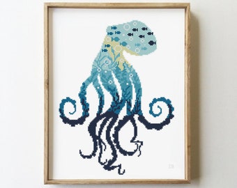 Octopus counted cross stitch pattern sea ocean animal fish silhouette landscape nature design - Cross Stitch Pattern (Digital Format - PDF)