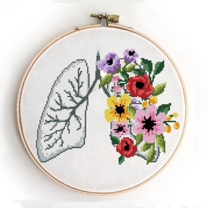 Bloemen longen geteld kruissteekpatroon menselijke longen hersenen pioenroos hart anatomie bloemenkaart - kruissteekpatroon (digitaal formaat - pdf)