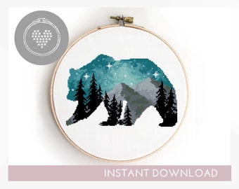 Bear Landscape Cross Stitch Pattern: Mountain Forest Embroidery (PDF Pattern)