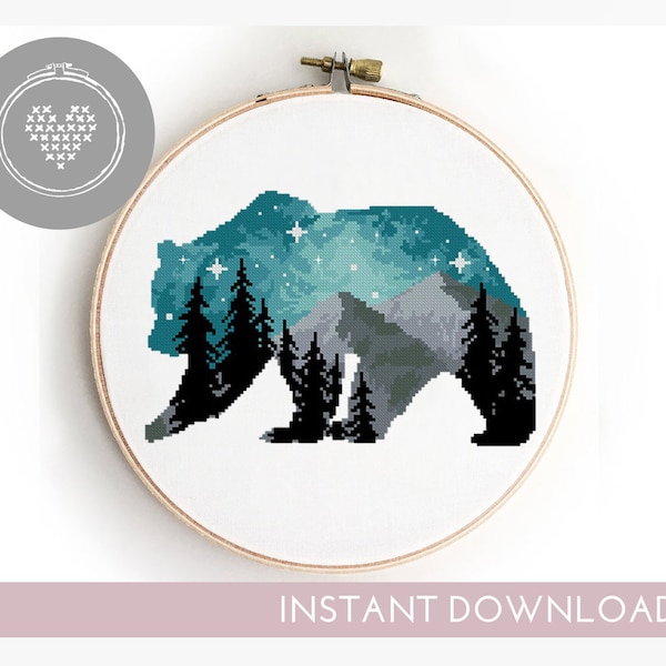 Bear counted cross stitch pattern landscape woodland forest mountains nature wild tree animal - Cross Stitch Pattern (Digital Format - PDF)