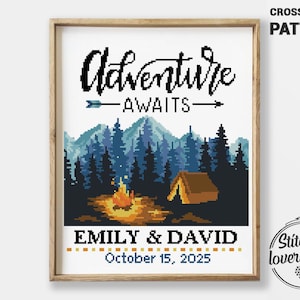 Wedding Adventure Cross Stitch Pattern PDF | Mountain Camping Forest Landscape | Personalized Couple Embroidery Chart DIY Xstitch