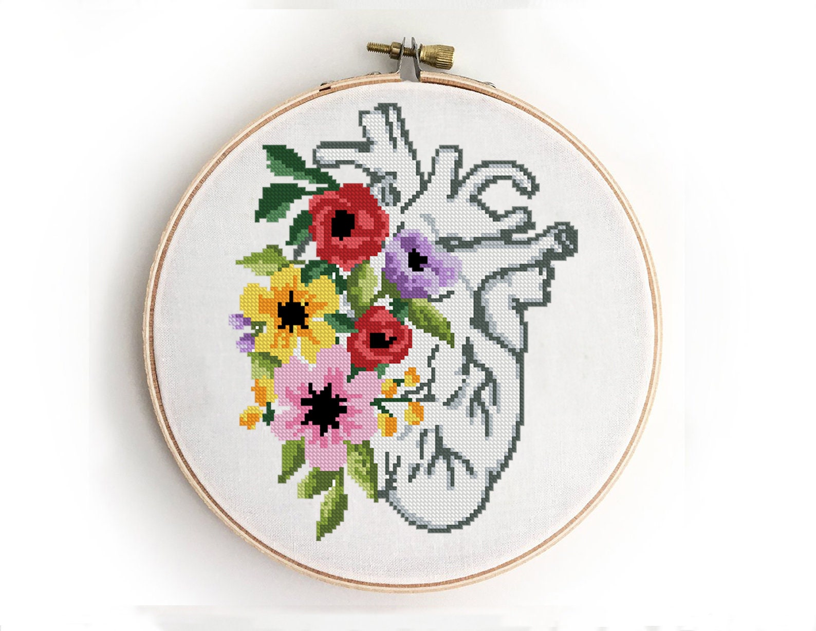 Floral Heart Cross Stitch Pattern PDF | Realistic Body & Peony Anatomy | Artistic DIY Counted Xstitch
