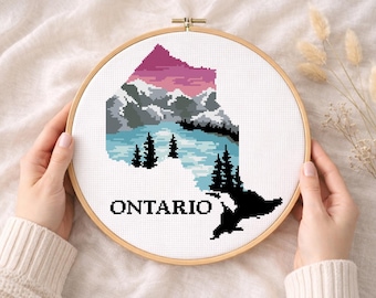 Ontario landschap kruissteekpatroon, Canada natuur borduurontwerp (pdf-patroon)