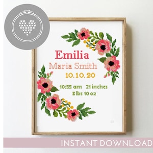 Padrão de ponto cruz para anúncio de nascimento de guirlanda floral | Amostra de nomes de bebês | Decoração para quarto de recém-nascido | Design de flores faça você mesmo | PDF com ponto X
