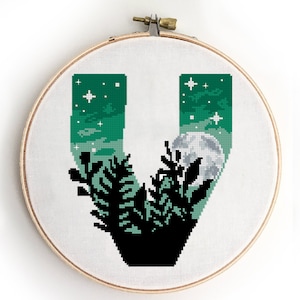 Letter V counted cross stitch pattern monogram night sky forest nursery northern lights kids - Cross Stitch Pattern (Digital Format - PDF)