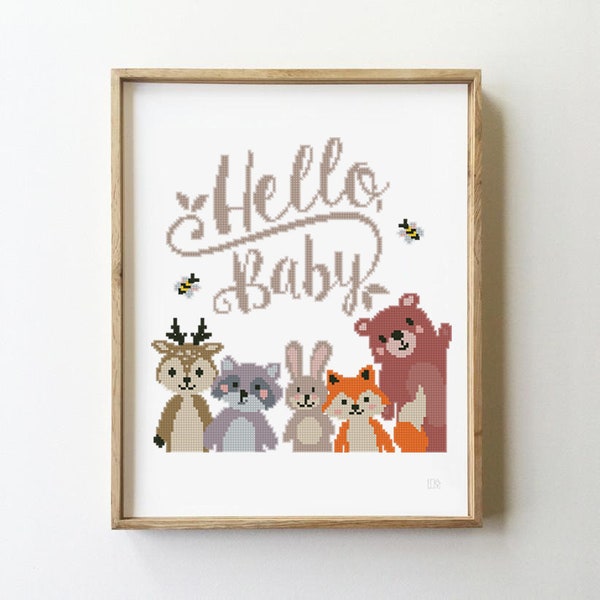 Hello baby counted cross stitch pattern animal woodland bee deer bear fox bunny nursery decor - Cross Stitch Pattern (Digital Format - PDF)