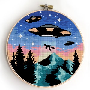 Aliens counted cross stitch pattern UFO funny mountains landscape nature forest easy design - Cross Stitch Pattern (Digital Format - PDF)