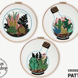 Set van 3 terraria met kruissteekpatroon telpatroon moderne doe-het-zelf xstitch - kruissteekpatroon (digitaal formaat - pdf)