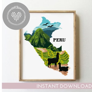 Peru Cross Stitch Pattern | Cusco Llama Xstitch | Landscape Cross Stitch Chart | DIY Cross Stitch PDF | Modern Pattern Design