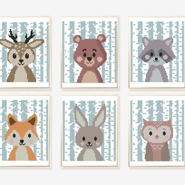 Woodland animals set cross stitch pattern forest baby deer bear owl rabbit fox girl boy nursery- Cross Stitch Pattern (Digital Format - PDF)