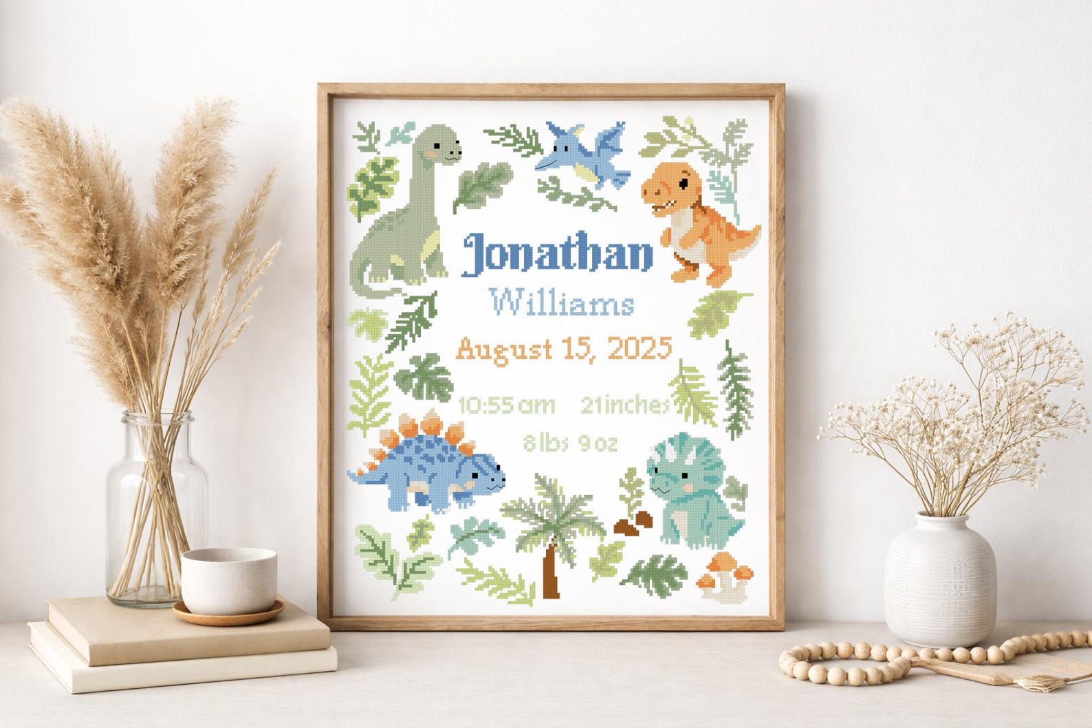Dinosaur Birth Announcement Cross Stitch Pattern PDF, Baby Name Sampler ...