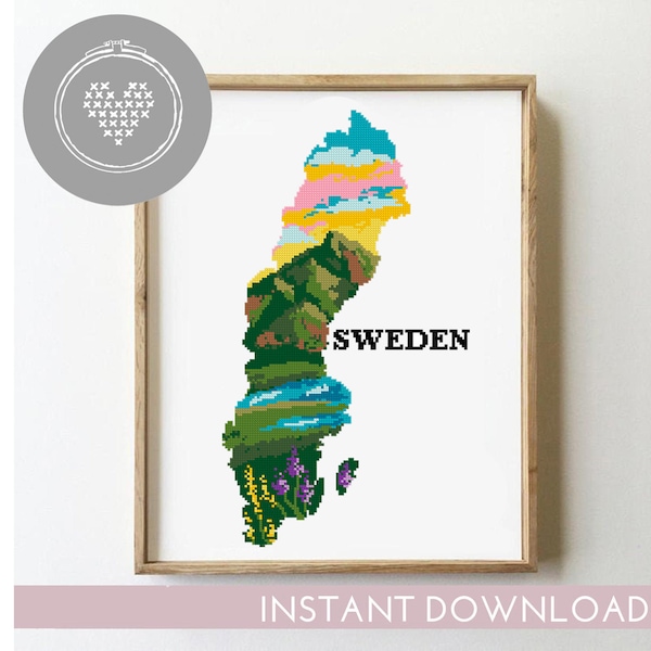 Sweden cross stitch pattern count landscape nature xstitch DIY chart silhouette cross stitch - Cross Stitch Pattern (Digital Format - PDF)