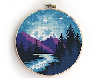 Landscape Cross Stitch Pattern | Modern Nature Scene | DIY Counted Chart | PDF Instant Download
