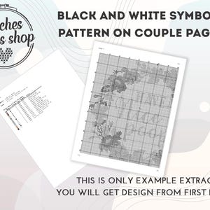 May include: Black and white cross stitch pattern for a couple of pages. The pattern is for a design that includes the text "Stitches lovers shop".