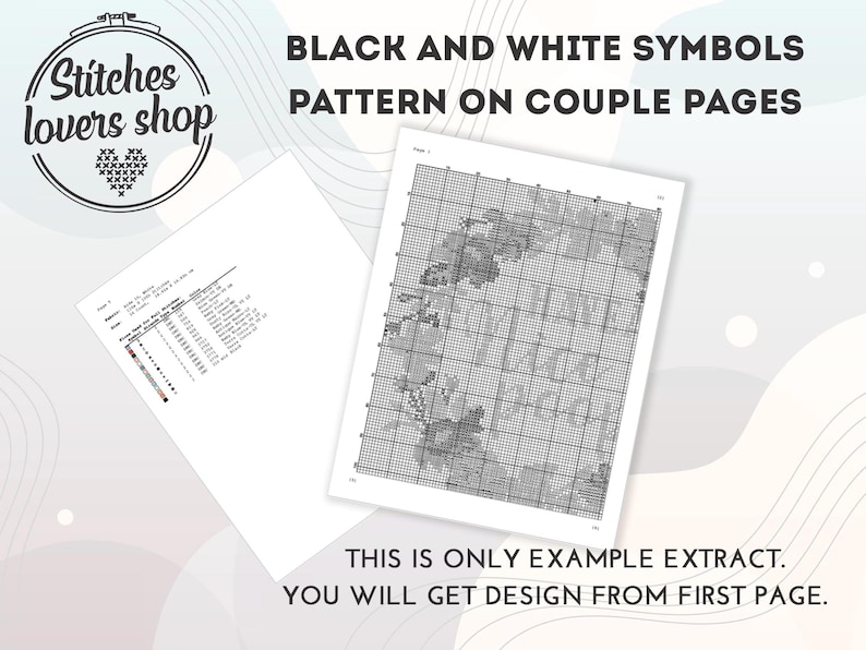 May include: Black and white cross stitch pattern for a couple of pages. The pattern is for a design that includes the text "Stitches lovers shop".