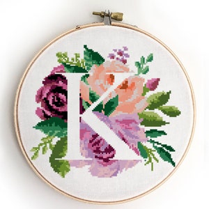 Letter K counted cross stitch pattern monogram floral peony roses bouquet nursery baby wedding - Cross Stitch Pattern (Digital Format - PDF)