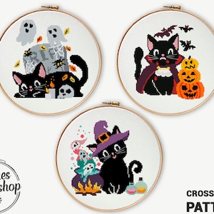 Set van 3 Halloween katten geteld kruissteekpatroon dierenkaart DIY schattig - kruissteekpatroon (digitaal formaat - pdf)