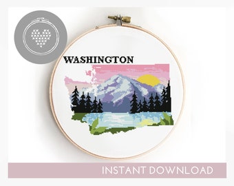 Washington state cross stitch pattern skyline landscape USA starry night city mountains nature - Cross Stitch Pattern (Digital Format - PDF)