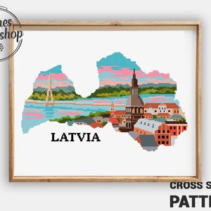 Latvia Cross Stitch Pattern PDF | Nature Landscape Silhouette | Counted DIY Baltic Xstitch Chart