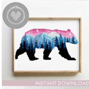 Bear counted cross stitch pattern landscape woodland forest mountains nature wild tree animal - Cross Stitch Pattern (Digital Format - PDF)