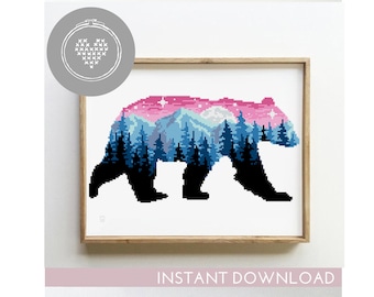Bear Landscape Cross Stitch Pattern: Woodland Forest Design (PDF)