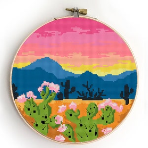 Cactus Sunset Cross Stitch Pattern: Desert Landscape DIY (PDF)