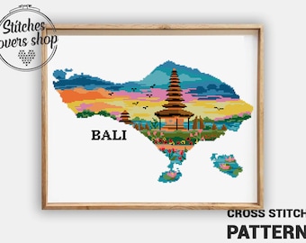 Bali cross stitch pattern count landscape nature xstitch DIY chart silhouette easy - Cross Stitch Pattern (Digital Format - PDF)