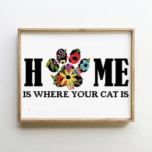 Thuis is waar je kat is kruissteekpatroon xstitch eenvoudige doe-het-zelfkaart - kruissteekpatroon (digitaal formaat - pdf)