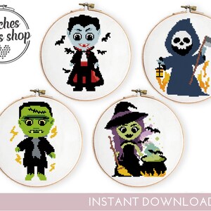 Set van 4 Halloween-tekens geteld kruissteekpatroon x-steekkaart DIY heks vampier - kruissteekpatroon (digitaal formaat - pdf)