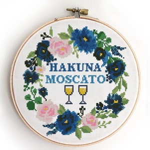 Moscato Cross Stitch Pattern PDF | Funny Wine Quote with Floral Wreath | Easy DIY Design | Counted Xstitch Chart