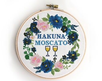 Moscato Cross Stitch Pattern: Funny Wine Quote, Floral Wreath (PDF)
