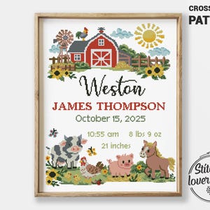 May include: Cross stitch pattern featuring a farm scene with a red barn, windmill, and sunflowers. The name "Weston" is displayed above the birth details: October 15, 2025, 8 lbs 9 oz, and 21 inches.