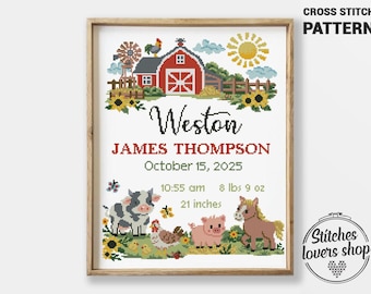 May include: Cross stitch pattern featuring a farm scene with a red barn, windmill, and sunflowers. The name "Weston" is displayed above the birth details: October 15, 2025, 8 lbs 9 oz, and 21 inches.