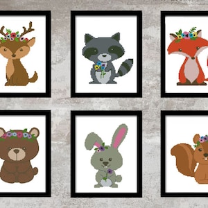 Forest cute animals cross stitch pattern baby nursery Set of 6 animals with beautiful flowers - Cross Stitch Pattern (Digital Format - PDF)