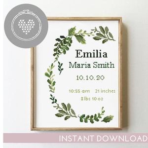 Anúncio de Nascimento Floral em Ponto Cruz | Decoração para Quarto de Bebê em PDF | Amostra de Caligrafia de Flores | Presente de Chá de Bebê Personalizado | Molde Digital