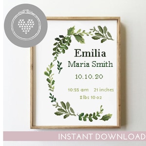 Floral birth announcement cross stitch pattern flowers baby nursery calligraphy custom shower - Cross Stitch Pattern (Digital Format - PDF)