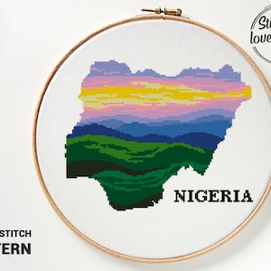 Nigeria Kreuzstichmuster PDF | Berglandschaft Silhouette | Natur Kreuzstich Design | Schöne afrikanische Stickdatei zum Selbermachen