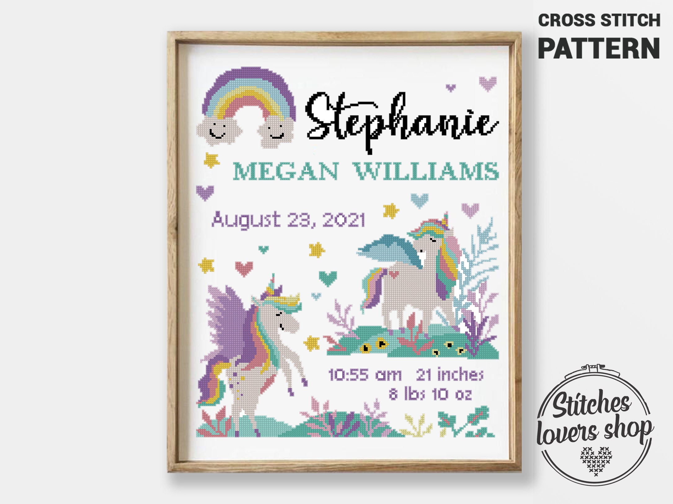 Unicorn Birth Announcement Cross Stitch Pattern: Baby Name Sampler (PDF)