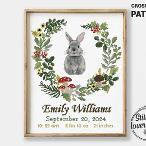 Schema punto croce per annuncio di nascita coniglietto floreale PDF / Ghirlanda per bambini con fiori e animali Xstitch