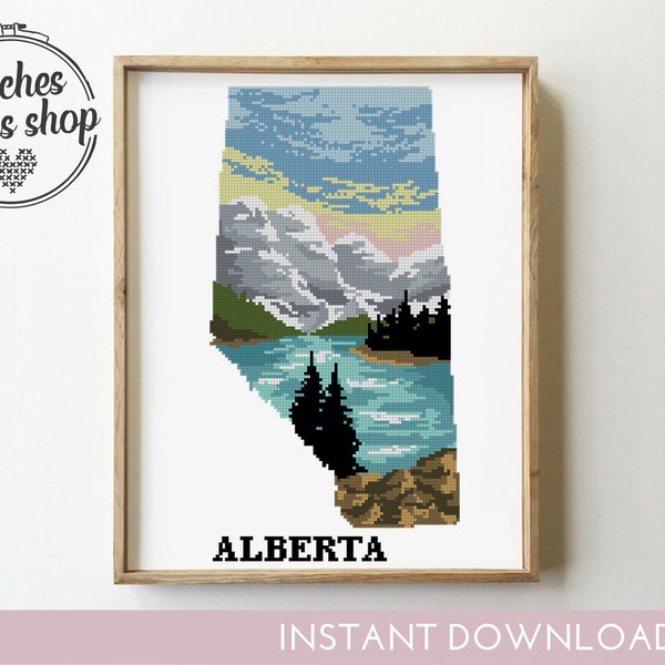 Alberta counted cross stitch pattern Provinces and territories of Canada landscape silhouette - Cross Stitch Pattern (Digital Format - PDF)