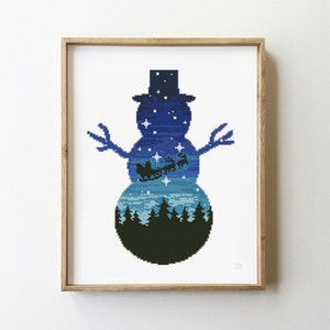 Snowman Cross Stitch Pattern | Christmas Landscape PDF | Holiday Xstitch | Stars and Sky Embroidery | Winter Gift DIY | Digital Download