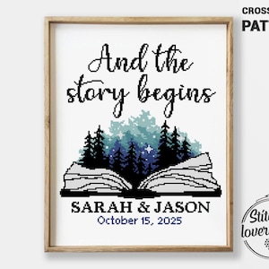May include: Cross stitch pattern featuring a book with a forest scene and the text "And the story begins". The names Sarah & Jason and the date 15 October 2025 are also included.