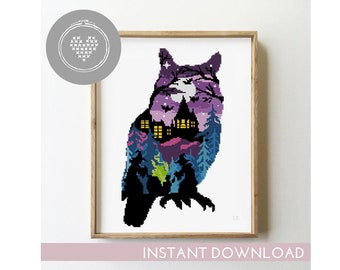 Halloween owl counted cross stitch pattern silhouette animal bird witches galaxy landscape easy- Cross Stitch Pattern (Digital Format - PDF)