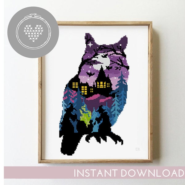 Halloween owl counted cross stitch pattern silhouette animal bird witches galaxy landscape easy- Cross Stitch Pattern (Digital Format - PDF)