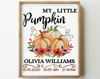Pumpkins Birth Announcement Cross Stitch Pattern: Autumn Floral Sampler (PDF)