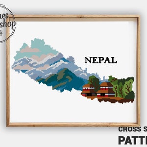 Puede incluir: Un patrón de punto de cruz enmarcado que presenta un mapa de Nepal en tonos azules, verdes y marrones. La palabra "NEPAL" se muestra en texto negro. Las palabras "CROSS STITCH PATTERN" están en la parte inferior. El nombre de la tienda "Stitches lovers shop" está en la parte superior.
