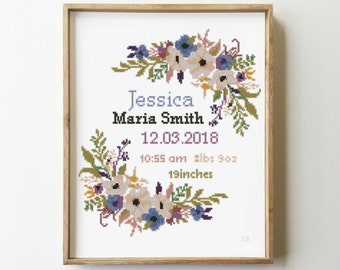 Puede incluir: Un bordado de punto de cruz enmarcado con un diseño de corona floral. El centro de la corona presenta el nombre "Jessica Maria Smith", la fecha "12.03.2018", la hora "10:55 am", el peso "8lbs 9oz" y la longitud "19 pulgadas".