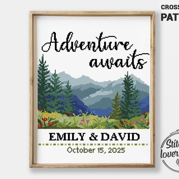 Mountain Forest Wedding Cross Stitch Pattern | Adventure Love Couple Embroidery (PDF Download)
