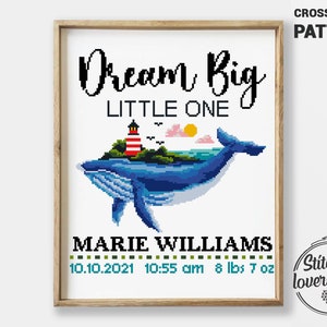 Patrón de punto de cruz para anuncio de nacimiento de ballena / Muestrario de bebé oceánico / Decoración infantil moderna / PDF de punto de cruz contado / Bordado de animales marinos